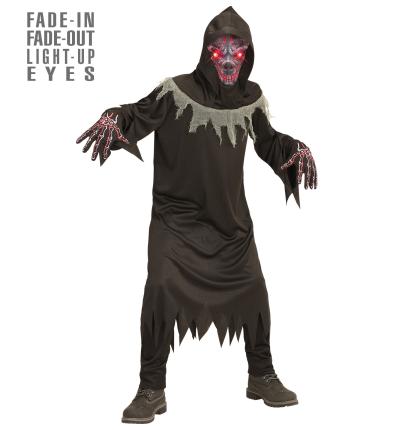 Kinderkostüm teuflischer Dämon – Gr. 128 – 164cm – Robe mit Handschuhen, Maske mit Kapuze und leuchtenden Augen 