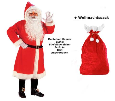 Luxus Weihnachtmann Mantel mit Perücke, Bart, ...M/L - Set mit Sack 
