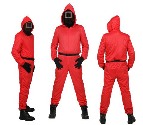 Roter Overall - Team rot - Quadrat - Gr. XS - XXL  mit Maske aus Netzstoff  - Mann und Frau 