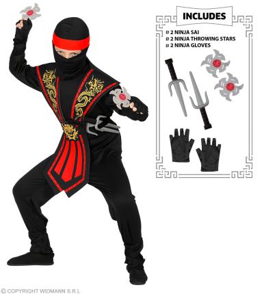 Kinder Kostüm Kombat Ninja in  rot mit Waffenset - Kämpfer, 116 cm - 158 cm 