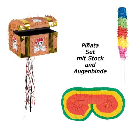 Set Zugpinjata Schatztruhe Piñata Kindergeburtstag Pinata + Stab + Augenmaske 