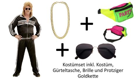 Schwarzes 80er 90er Jahre Kostümset - Trainingsanzug, Brille, Gürteltasche und Protziger Goldkette 