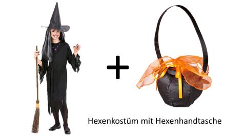 Kostüm Hexe schwarz Gr. 128 -140 cm  - Halloween mit Hexenhandtasche großer Kessel 