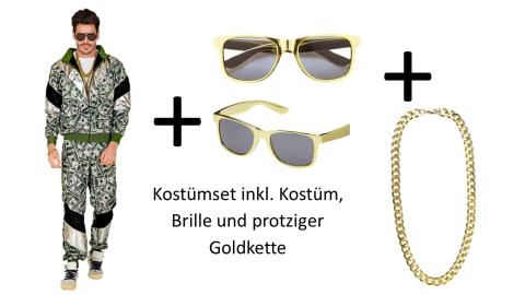 Dollar Trainingsanzug - Kostümset inkl. Brille und Goldkette  - Jogginganzug Gr. S bis 2XL 