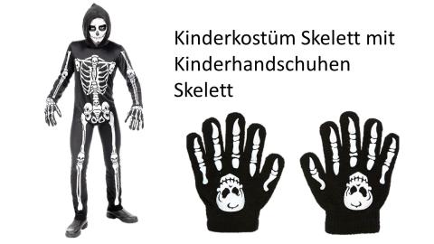 Kinderkostüm Skelett - Set Anzug Skelettkostüm mit Kinder Knochenhandschuhen Gr. 116-158cm 