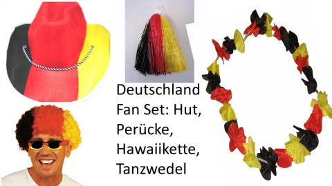 Deutschland Set in den Farben Schwarz Rot Gold – Hut, Perücke, Blumenkette, Tanzwedel 