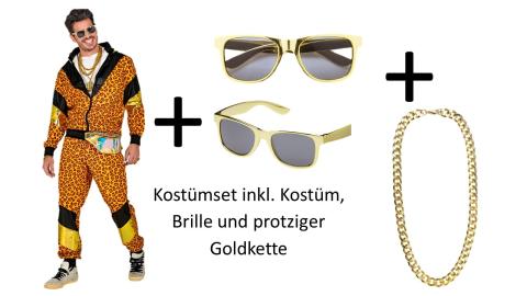 80er Jahre Trainingsanzug Partnerkostümset Leopard - inkl. Brille und Goldkette - Gr. S bis 2XL 