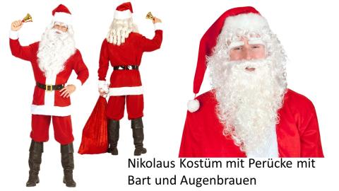 Klassische Weihnachtsmann Kostüm - Jacke, Hose, Gürtel, Hut - Größe M bis 3XL mit Perücke und Bart und Augenbrauen 