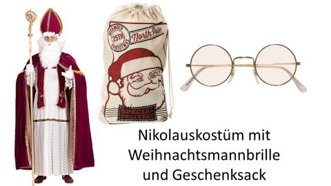 Nikolaus Kostüm Bischof Weihnachten Gr. M - 3XL -- inklusive Weihnachtsmannbrille und Jutesack 