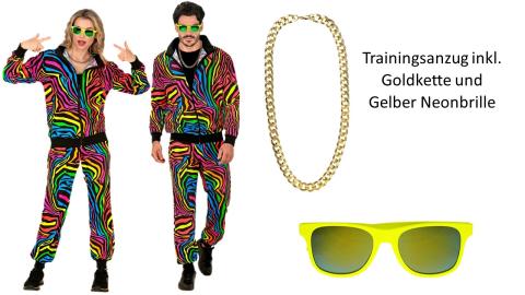 80er Jahre Trainingsanzug mit buntem Animal Print von Gr. S-XXL - mit Gelber Brille und Goldkette 