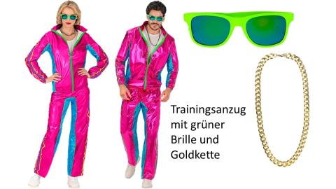 Rosa Metallic Trainingsanzug Gr. S-XXL – Unisex - Partyanzug - mit Goldkette und Grüner Brille 