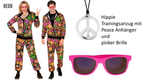 80er Jahre Hippie Trainingsanzug Gr. S-XXL – mit pinker Brille und Peace Kette 