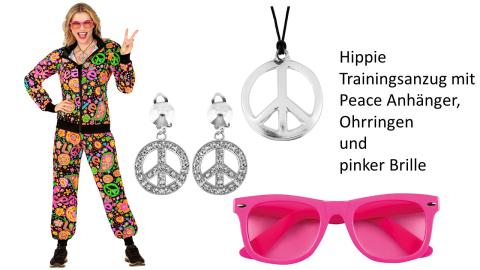 Damen 80er Jahre Hippie Set Gr. S-XXL – Trainingsanzug mit pinker Brille und Peace Kette 