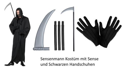 Totengräber Kostüm Gr. 48 - 64 - Schwarzer Tod-Robe mit Schnur, Sense und Schwarzen Handschuhe 