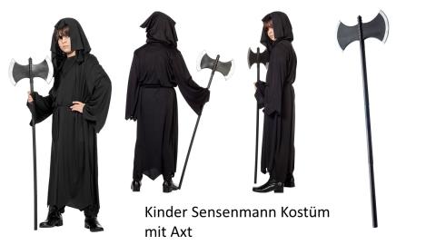 Totengräber Kinderkostüm Gr. 116 – 164cm- Schwarzer Tod-Robe mit Schnur und Axt 