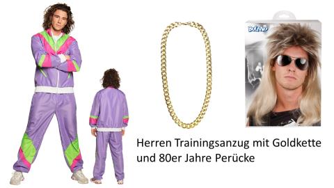 Set Lila Herren 80er Jahre  Trainingsanzug Gr. S - 2XL - Jogginganzug mit Taschen, Goldkette und 80er Perücke 