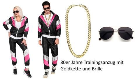 Set Schwarzer 80er Jahre Lederlook Trainingsanzug - Gr. S bis 2XL - inkl. Brille und Goldkette 