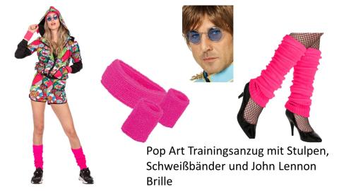 Set - 80er/90er-Party-Outfit - Popart Trainingsanzug mit Hoodie – inkl. Schweißband, Stulpen und Brille 