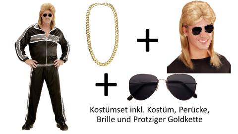 Schwarzes 80er 90er Jahre Kostümset - Trainingsanzug, Brille, Blonde Vokuhila Perücke und Protziger Goldkette 