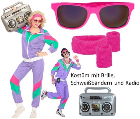 Unisex Retro 80 er Jahre Trainingsanzug Set inkl. Brille, Radio, Schweißbänder und Kostüm 