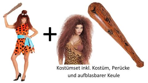 Kostüm Steinzeitfrau - Steinzeit Frau Stone Age  Neandertalerin inkl. Perrücke und Ausblasbarer Keule 
