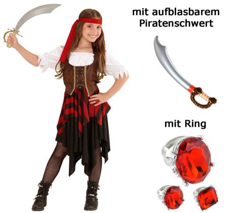 Kinder-Kostüm Abenteuer Piratin -  Piratenkostüm mit Ring + Schwert 