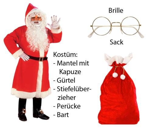 Luxus Weihnachtmann Mantel mit Perücke, Bart, ...M/L - Set mit Sack + Brille 