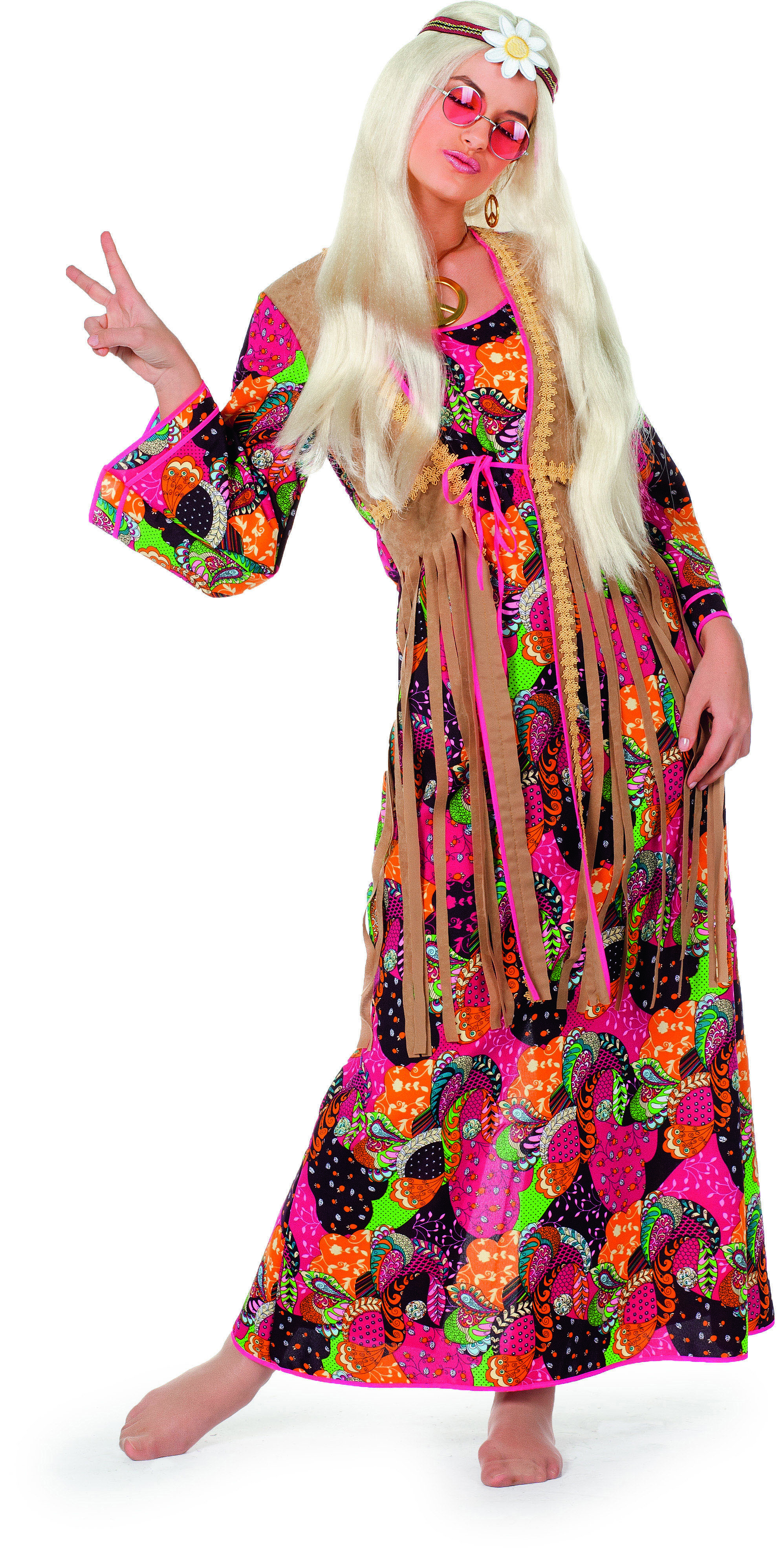 70er HIPPIE SAMTKLEID Damen Kostüm 38/40 M Peace & Love Motto Party  #7326