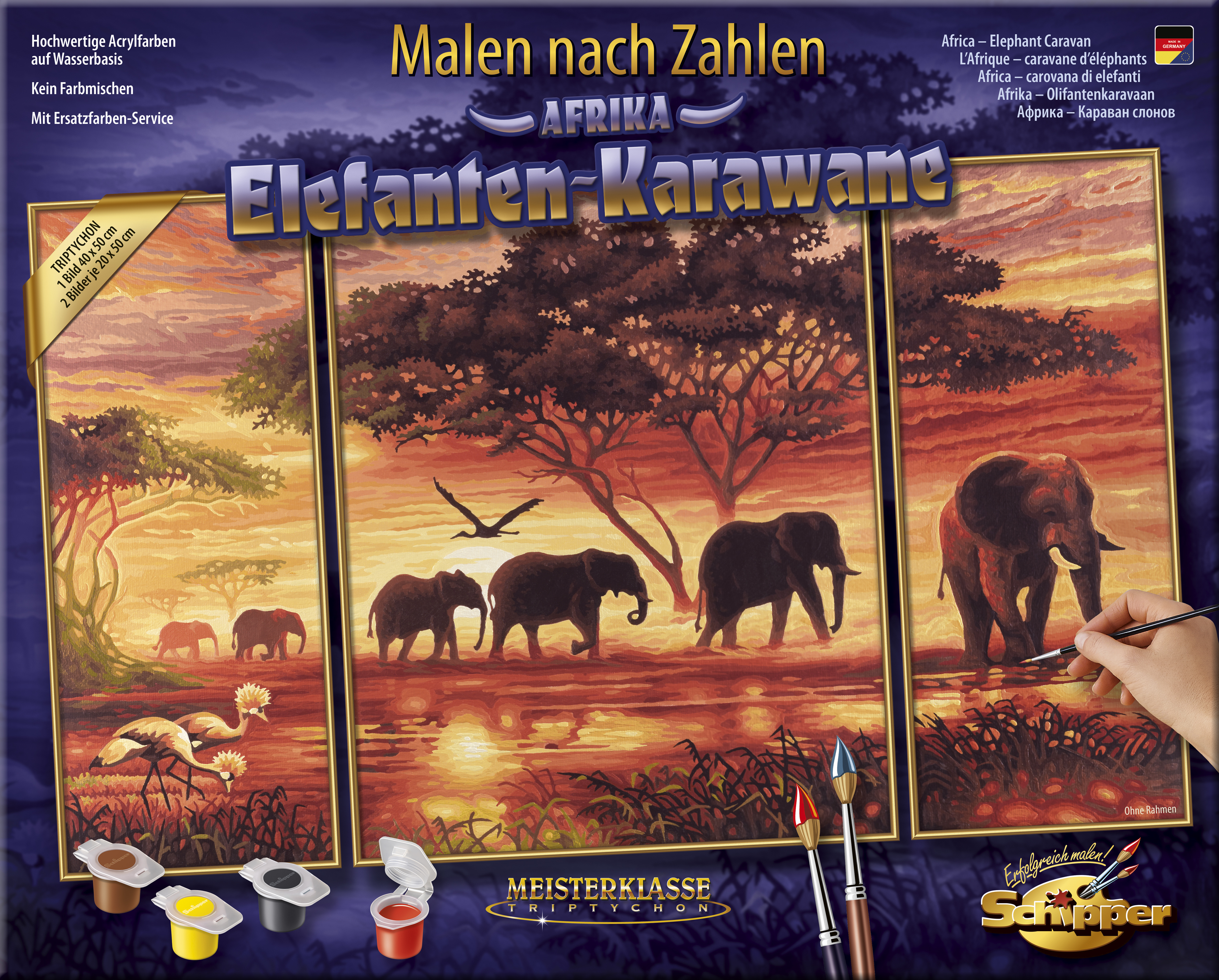 Elefanten-Karawane Malen nach Zahlen Schipper 80 x 50 cm Triptychon Afrika 