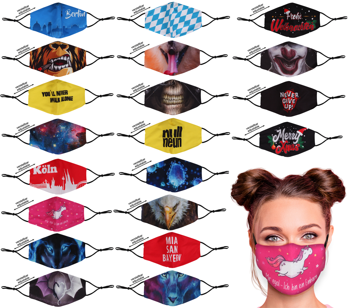 SH Leder Mund-und Nasen-Maske Anti-Tropfen aus Baumwolle zweilagig mit 10 Filter 3 Lagig waschbar 60 Grad Italy Maske M188 