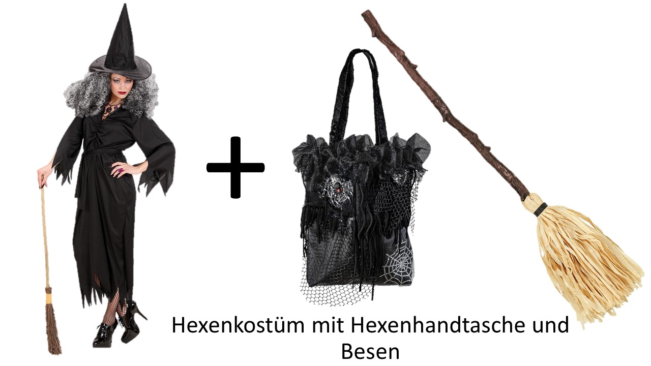 Kostüm Hexe schwarz - Gr. S - 3XL - Hexenkostüm Hexen Verkleidung mit Besen  und Handtasche